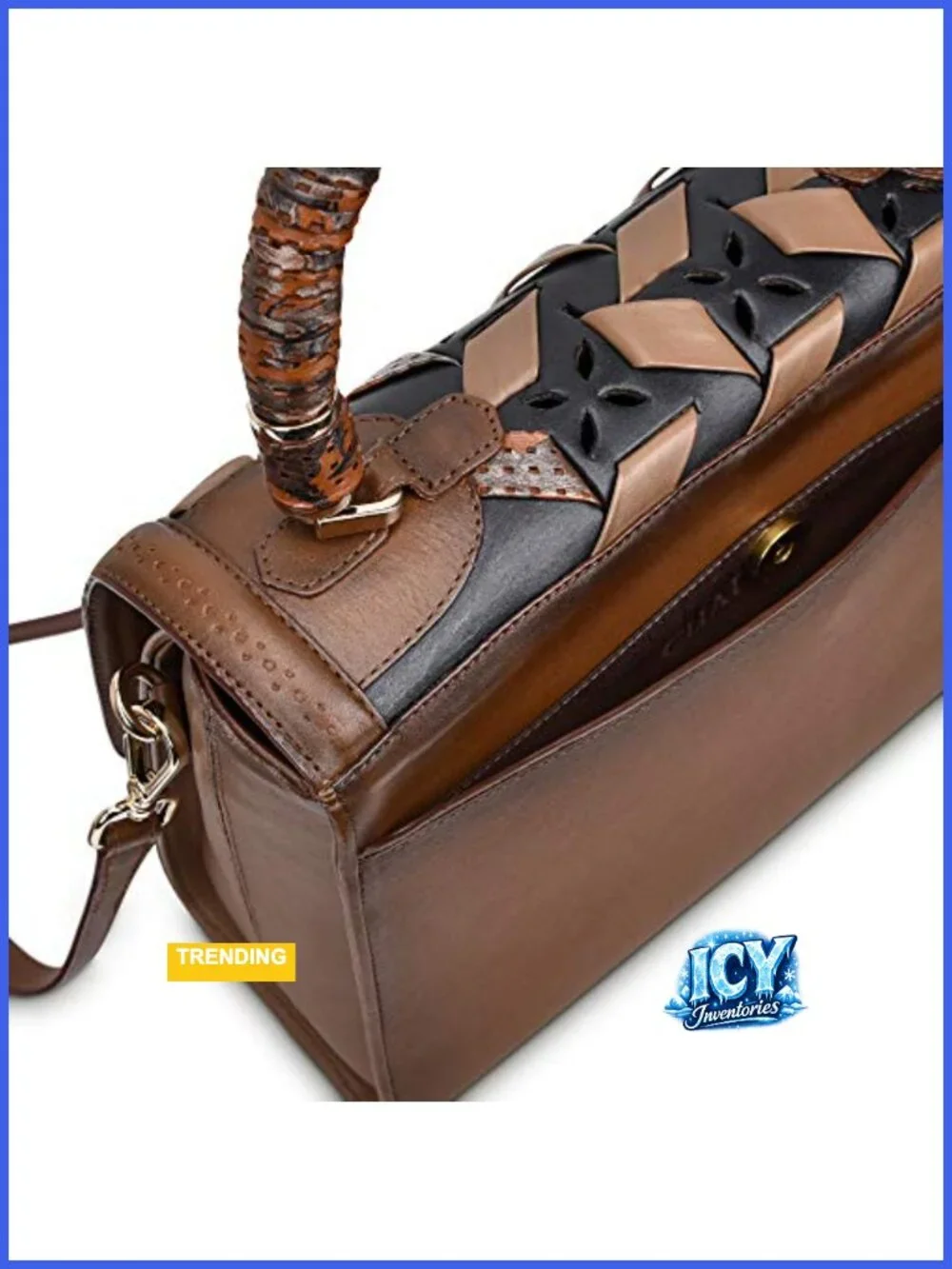 Genuine Leather Satchel Bag with Woven Detailing